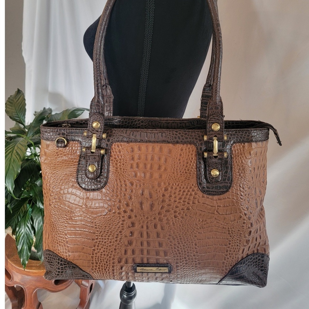 Etienne Aigner Brown Faux Crocodile Embossed Tote Shoulder Bag Gold Hardware